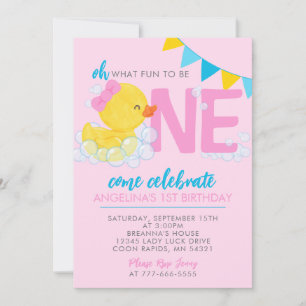 Roze Waterverf Rubber Duck 1e Verjaardagsfeestje Kaart