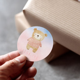 Roze Waterverf schattige teddybeer Dank je Ronde Sticker