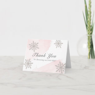 Roze Waterverf Silver Snowflakes Baby shower Bedankkaart