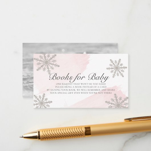 Roze Waterverf Silver Snowflakes Book Request Informatiekaartje (Voorkant / Achterkant in situ)