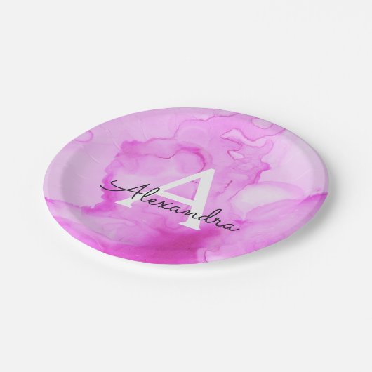 Roze Waterverf Splash Monogram Naam en Initiaal Papieren Bordje (Gekanteld)