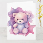 Roze Waterverf Star Teddy Bear Kaart (Gele Bloem)