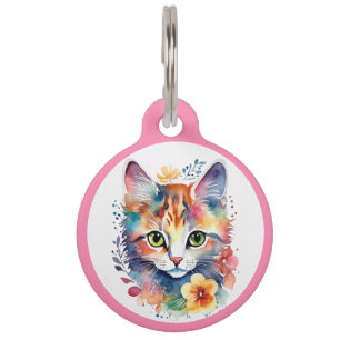 Roze Waterverf Stijl Floral Kitten Huisdierpenning