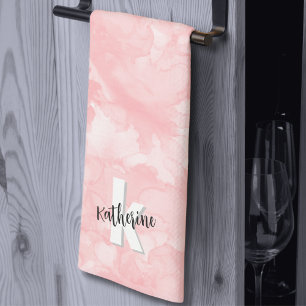 Roze Waterverf Stijlvol Monogram Theedoek