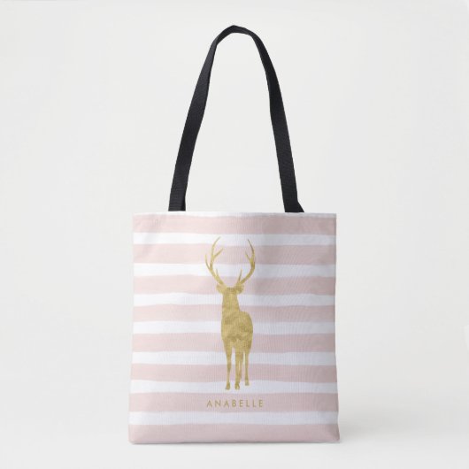 Roze Waterverf Stripes en Faux Gold Deer Draagtas (Voorkant)