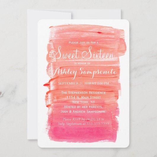  Roze Waterverf Sweet 16 Uitnodigingen (Voorkant)