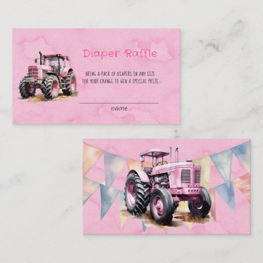 Roze Waterverf Tractor Meisje Luier Raffle Visitekaartje (Voorkant / Achterkant)
