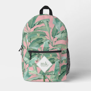 Roze Waterverf tropische bananenbladeren monogram Bedrukte Rugzak