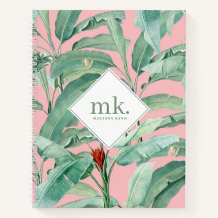 Roze Waterverf tropische bananenbladeren monogram Notitieboek