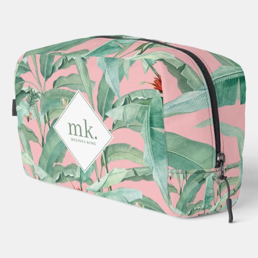 Roze Waterverf tropische bananenbladeren monogram Toilettasje (Rechterhoek)