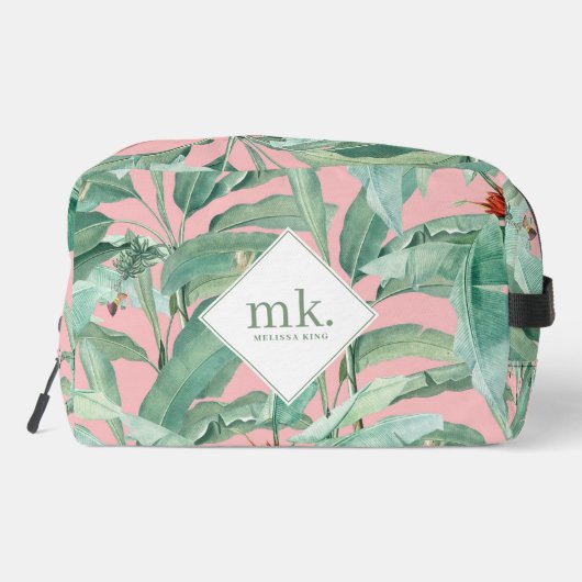 Roze Waterverf tropische bananenbladeren monogram Toilettasje (Achterkant)