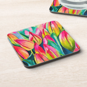 Roze waterverf tulpen kunst bier onderzetter