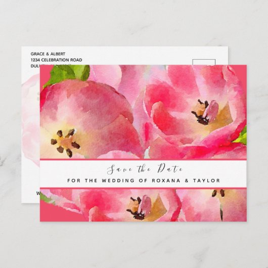 Roze Waterverf Tulpen Sla de datum op Briefkaart (Voorkant / Achterkant)