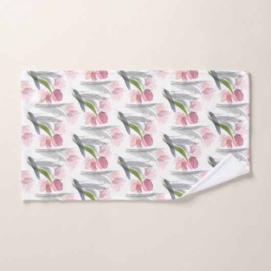 Roze Waterverf Tulps Sage Green Leaves White Bad Handdoek (Handdoek)