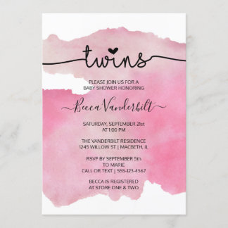 Roze Waterverf Twins Baby shower Kaart
