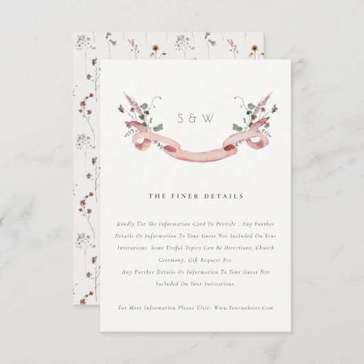 Roze Waterverf van de Wilde Bloem Bindlintbruiloft Informatiekaartje (Voorkant / Achterkant)