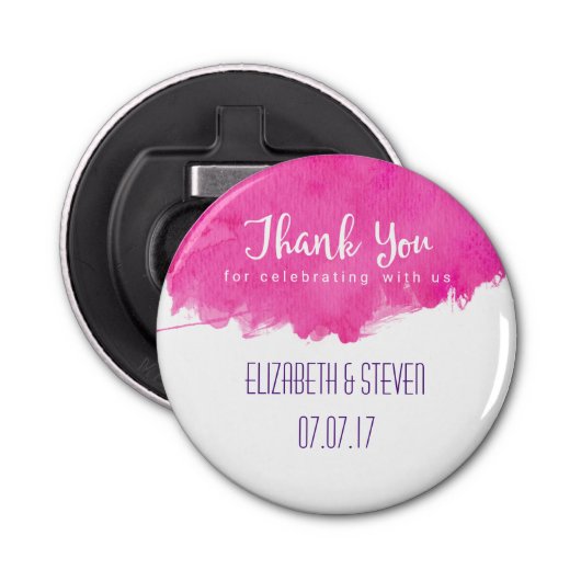 Roze Waterverf Verf Splatter Weddenschap Bedankt Button Flesopener (Voorkant)