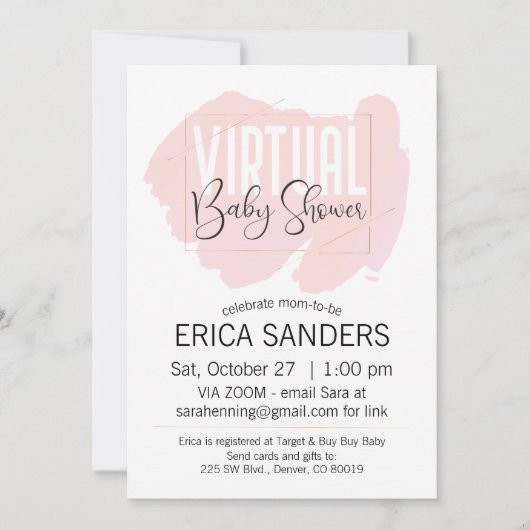 Roze Waterverf Virtual Baby shower Invitation Kaart (Voorkant)