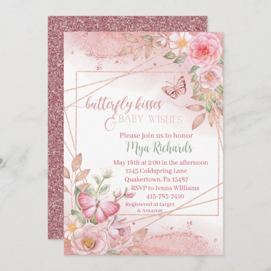 Roze Waterverf Vlinder kust Baby shower Kaart (Voorkant / Achterkant)