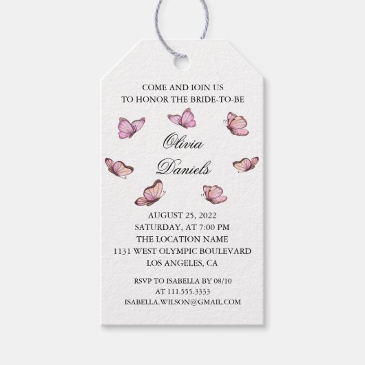 Roze waterverf vlinder. Vrijgezellenfeest Cadeau L Cadeaulabel (Voorkant)