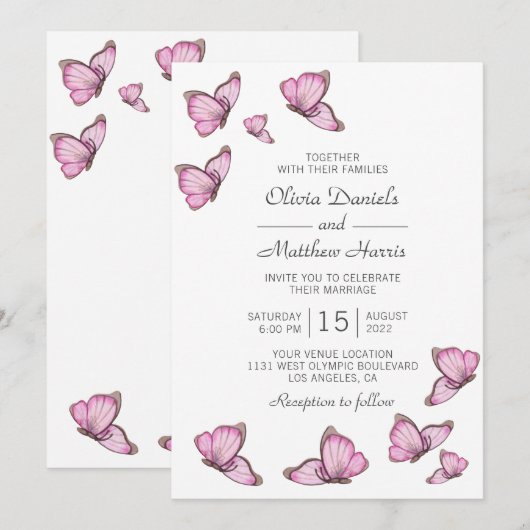Roze waterverf vlinders. Elegante bruiloft Kaart (Voorkant / Achterkant)