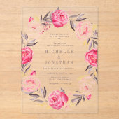 Roze Waterverf Vloeiend Wreath Weddenschap Acryl Uitnodigingen (Voorkant)
