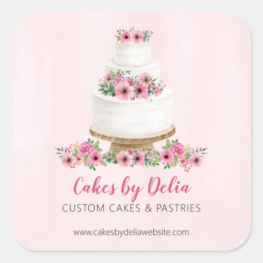 Roze Waterverf Wedding Cake Promotie Vierkante Sticker (Voorkant)