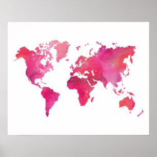 Roze Waterverf Wereldkaart Poster