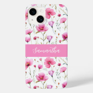 Roze Waterverf Wilde Bloem Naam Case-Mate iPhone 14 Hoesje
