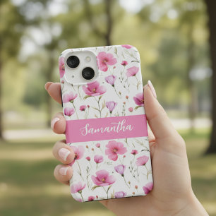Roze Waterverf Wilde Bloem Naam Case-Mate iPhone 14 Hoesje