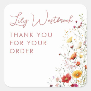 Roze Waterverf Wilde Bloem Schrift Bedankt Vierkante Sticker