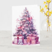 Roze Waterverf Xmas Tree Kaart (Gele Bloem)