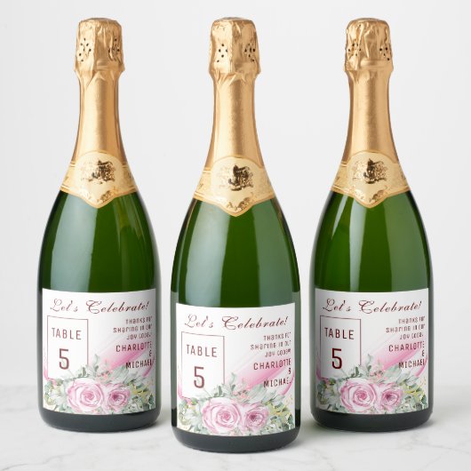 Roze Wave & Bloemen Tafelnummer Mousserende Wijn L Sparkling Wijnetiket (Flessen)
