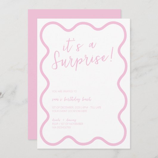 Roze Wavy Bold Moderne Verrassing Verjaardagsfeest Kaart (Voorkant / Achterkant)