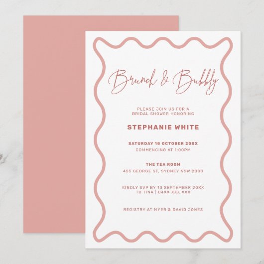 Roze Wavy Border Brunch and Bubble Invitation Kaart (Voorkant / Achterkant)