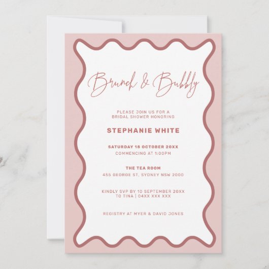 Roze Wavy Border Brunch and Bubble Invitation Kaart (Voorkant)
