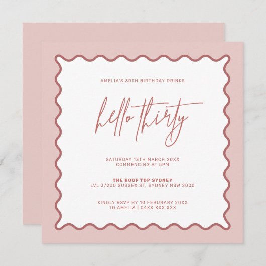 Roze Wavy Border Hallo Dertigday Uitnodiging (Voorkant / Achterkant)