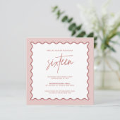 Roze Wavy Border Zestiende verjaardag Uitnodiging (Staand voorkant)