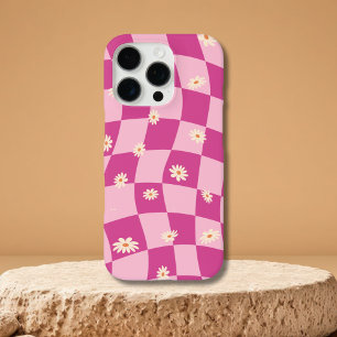 Roze Wavy Checkerboard Daisy iPhone 15 16 hoesjes