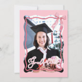 Roze Wavy Retro Afstuderen met foto uitnodiging (Voorkant)