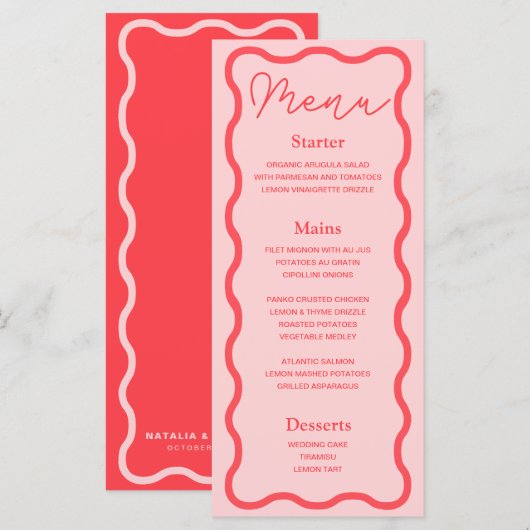 Roze Wavy Retro bruiloft Menu (Voorkant / Achterkant)
