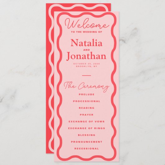 Roze Wavy Retro bruiloft Programma (Voorkant / Achterkant)