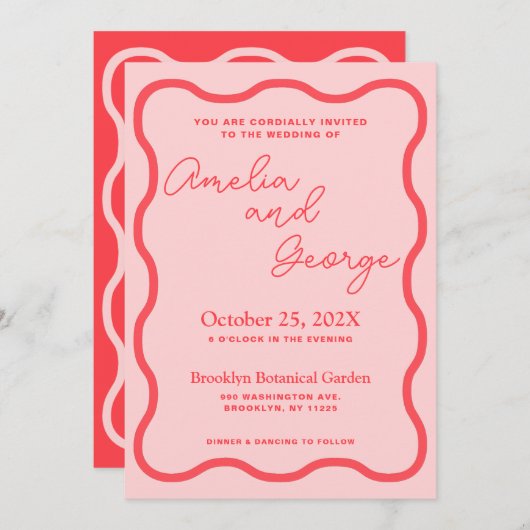Roze Wavy Retro bruiloft uitnodiging (Voorkant / Achterkant)
