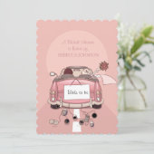 Roze wegauto - Bridal Shower - uitnodiging (Staand voorkant)