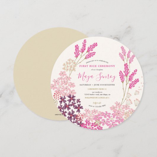 Roze weide Eerste Rijst Ceremonie Kaart (Voorkant / Achterkant)