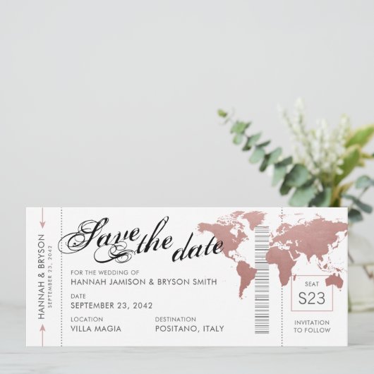 Roze Wereldkaart Boarding Pass Save the Date Kaart (Staand voorkant)