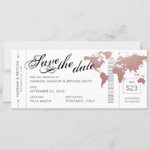 Roze Wereldkaart Boarding Pass Save the Date Kaart