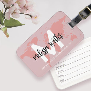 Roze Wereldkaart op Stof Paarse Reiziger Monogram Bagagelabel