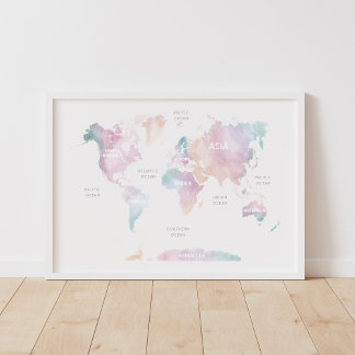 Roze wereldkaart reis decor voor de kinderkamer poster