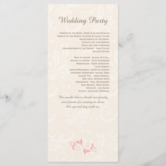 Roze wervelingen op bord damask Wedding Program Programma (Achterkant)